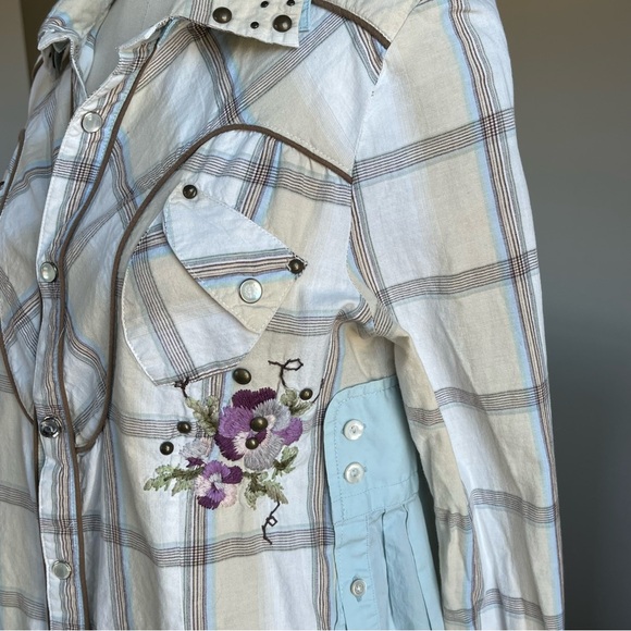 Re-Do handmade re-imagined button down. Whimsical, boho mashup of 2 shirts, S - Picture 3 of 10